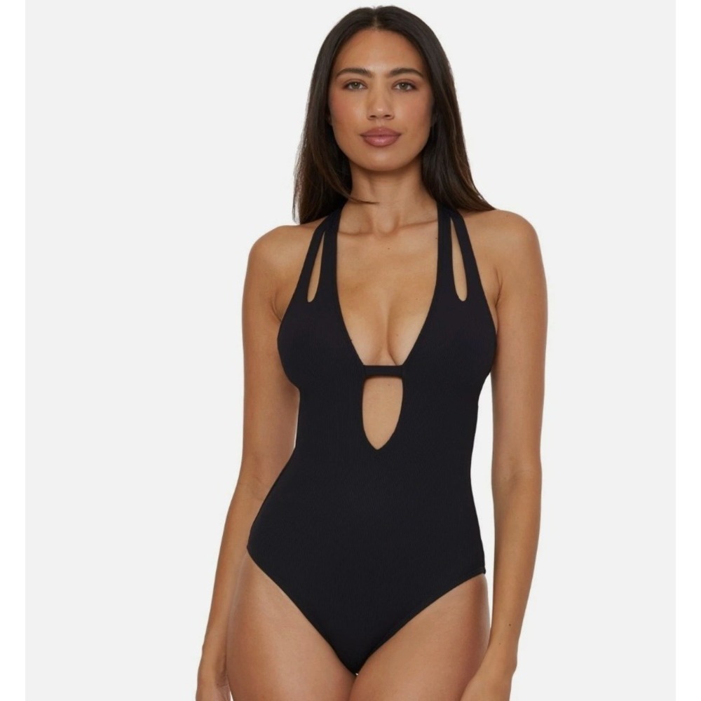 Becca One Piece Swimsuit Large Black Ribbed Plunge Cutout Vacation